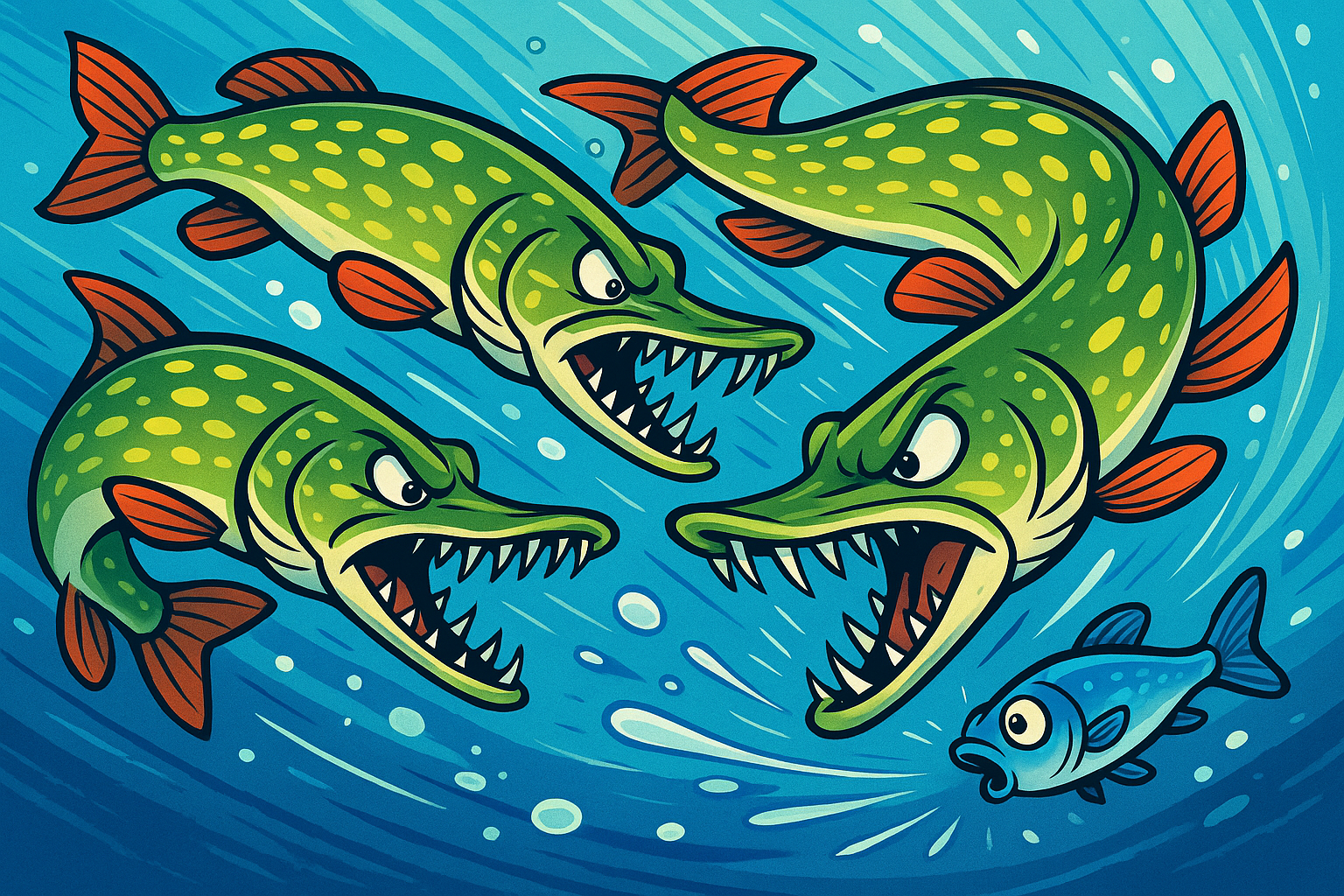 multiple pike fish targeting prey cartoon style action shot
